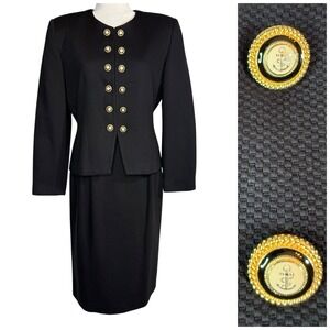 Vintage Oleg Cassini Black Blazer Jacket Skirt Set 8 Office Suit Gold Button‎
